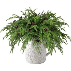 Watayo 10 Pcs Christmas Norfolk Pine Branches with Pine Cones- 19" Extra Length Fake Greenery Norfolk Pine Stems Sprigs- Artificial Xmas Branches Plants Pine Leaves for DIY Craft Garland Home Decor