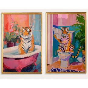 2Pcs funny Bathroom Tiger Wall Art Eclectic Pink Kitsch Aesthetic Animal in Bathtub Painting Picture Wall Decor Fashion Dopamine Poster Print Artwork for Restroom Home Decoration (Poster, 12x16)