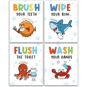 IIILUYOT Funny Sea Critters Bathroom Decor Rules, Novelty ocean Shark Bathroom Art Prints 4 Set(8"X10"), Sea Wall Art Poster for Nursery, Teen Girls, Boys, Son, Kids Bathroom Decor, Unframed