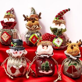 Amylove 6 Pieces Christmas Gift Bags with Drawstrings Xmas 3D Drawstring Bags Reusable Christmas Goody Bags for Christmas Party Favor Wrapping Supplies Bulk (3D Style)