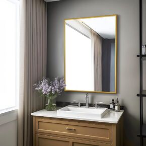 NeuType 38"x26" Wall-Mounted Mirror Rectangular Hanging Mirror Metal Framed Wall Mirror, Best for Bathroom, Washroom, Bedroom, Living Room, Gold, No Stand