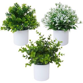 3 Pack PCS Artificial Plants Faux Fake Small Potted Plants Plastic Eucalyptus Greenery Plants for Home Office Desktop Shelf Bedroom Bathroom Indoor Decor