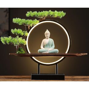 Houlu White Buddha Statue with Green Artificial Tree and LED Circle Table Lamp, Indoor Ceramic Buddha Statues for Home Decor, 16.5 in
