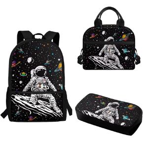Astronaut Kid's School Backpack Insulated Picnic Lunch Box Pen Holder Organizer 3PCS for Children Girls Boys