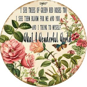 Decor 12''x12'' Retro Round Sign Dragonfly What A Wonderful World Flowers Tin Metal Sign