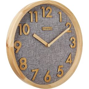Silent Wall Clock 12 inch Kitchen Clock with 3D Wood Numbers, Non-Ticking Quartz Movement, Linen Face and Wood Frame for Home, Office, Classroom (Gray) in Kuwait