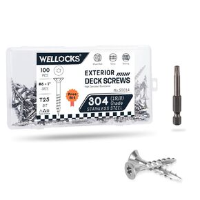 WELLOCKS Deck Screws 304 Stainless Steel #8×1-5/8" 300 PCS with T25 Star Torx Drive Flat Head Wood Screws High Corrosion Resistance for Outdoor Wood Fence(SS8158B)