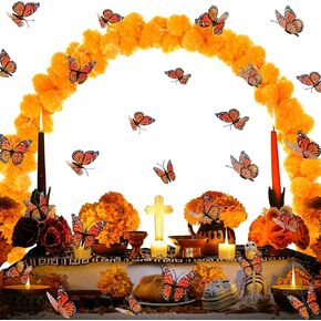 Day of the Dead Marigold Arch Kit Includes 25 ft Artificial Marigold Flowers Garland 12ft Table Balloon Arch Kit with 25 Clips and 12 Pcs 3D Butterfly for dia de los muertos Altar Decor