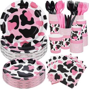 durony 350 Pieces Pink Cow Print Party Tableware Set Including Cowgirl Pink Cow Party Plates Cups Napkins Knives Forks Spoons Serves 50 for Baby Shower Farm Cow Party Decorations