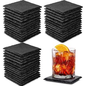 40 PCS Slate Coasters Bulk 4 Inch Square Black Stone Coaster Handmade Drink Bar Slate Coasters Anti-Scratch Bottom,Suitable for Office Coffee Table Kitchen Home Engrave Decoration
