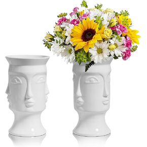 ComSaf Ceramic Flower Vase White Set of 2, Modern Face Flower Vase Tall Posy Bouquet Centerpiece for Home, Wedding, Christmas Decoration Gift(7 Inch Height)