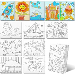 Fulmoon 36 Pcs Painting Canvas for Kids Painting Canvas Panels 7.8 x 5.8 Inch Pre Printed Designs Pre Drawn Stretched Canvas Kit for Painting for Girls Boys DIY Students Beginner Party Favor, 12 Style