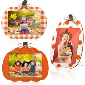 3 Pcs Pumpkin Picture Frame 5 x 7 Inch Fall Photo Frame Decorative Wooden Picture Frame for Fall Thanksgiving Halloween Home Office Table Tabletop Decor DIY Crafts