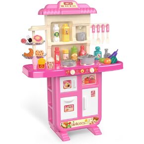 Play Kitchen Girls Toy Pretend Food - Kitchen Toys for Kids Ages 4-8, Kitchen Set for Toddlers 1-3, Play Kitchen Accessories w/Real Sounds Light, for Girls Boys Age 2 3 4 5 6 7