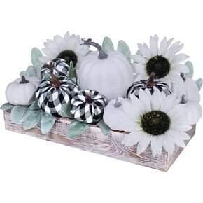Fall Centerpiece Assorted Harvest Artificial Buffalo Check Pumpkins and White Sunflowers Lambs Ear Arrangement in Rectangle Wood Box Farmhouse Fall Thanksgiving Tabletop Centerpiece Mantel Décor