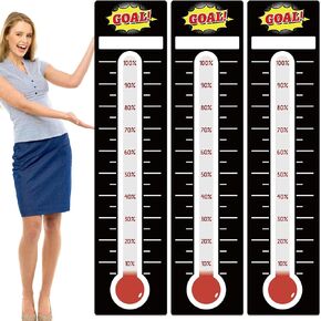 Gersoniel 3 Pcs Fundraising Thermometer Goal Charts 11" x 46.5" Dry Erase Goal Trackers Chart Thermometer Setting Wall Poster Vinyl Sticker Chart for Home Office(White)