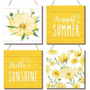 4 Pcs Hello Summer Sign Rustic Wood Decor Farmhouse Daisy Summer Decor Welcome Summer Wall Hanging Plaque Wooden Wall Decor for Home Front Door Kitchen Office School, 7.87 x 7.87 Inch