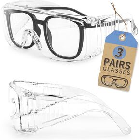 LANON 3 Pack Safety Glasses Over Eyeglasses,ANSI Z87.1 Standard,Anti-Fog & Scratch,Peripheral Protection, High Transmission,Anti-UV,Wrap Around Clear Safety Goggles
