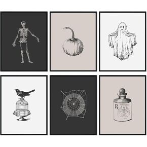 AnyDesign 6Pcs Halloween Wall Art Prints 8 x 10 Inch Vintage Halloween Room Decor Muscle Skeleton Ghost Spooky Gothic Wall Art Poster Aesthetic for Gallery Living Room Bedroom(UNFRAMED)
