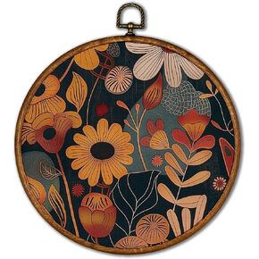 KSDUT Vintage Boho Natural Flowers Wall Decor Art - Floral Botanical Textile Wall Art Canvas Frame Hanging Prints, Mid Century Modern Round Wall Art Decor for Bedroom Farmhouse Decorations 10"x10"