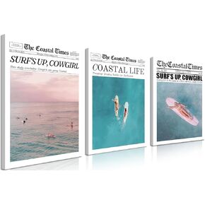Coastal Canvas Wall Art Set of 3, Summer Beach Surfer Girl Posters Prints, Vintage Newspaper Cowgirl Wall Decor Painting for Bathroom Bedroom Dormitory Living Room Framed 12x16In