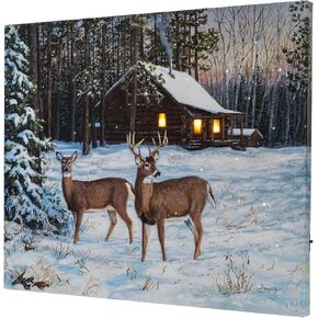 DEMAGNNIE LED Canvas Wall Art with Timer, Lighted Pictures that Light Up by Fiber Optic, Lighted Winter Print Wall Canvas Picture for Home Decor, Mr and Mrs Deer Poster