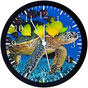 Turtle Tropical Fish Wall Clock Large 12" Black Frame Clear Face Silent Non-Ticking Nice for Gift or Décor E87