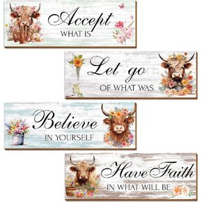 Thrist Highland بقرة ديكور جدار الفن 4 قطع Let Go Accept Believe Have Faith خشبية ملهمة مزرعة جدار الفن صورة إيجابية اقتباسات Highland Cow الحمام جدار ديكور لغرفة النوم غرفة المعيشة in Kuwait