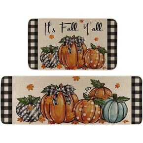 It's Fall Y'all Pumpkin Buffalo Plaid Fall Kitchen Rugs Set of 2, Autumn Harvest Thanksgiving Home Decor Low-Profile Kitchen Mats for Floor - 17x29 and 17x47 Inch