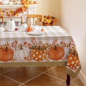 Romanstile Fall Tablecloth Rectangle, Thanksgiving Autumn Harvest Pumpkin Buffalo Plaid Table Cloth, Stain Resistant Washable Table Cover for Party/Dining/Holiday- Grey Blue Checkered, 60x 84 Inch