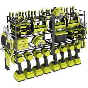 Power Tool Organizer,8 Power Drill Holder Wall Mount,3 Layers Power Tool Storage Rack Shelf with Hooks,Heavy Duty Metal Cordless Powertool Shelf for Garage Organization with Screwdriver/Plier/Hammer