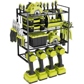 Power Tool Organizer,8 Power Drill Holder Wall Mount,3 Layers Power Tool Storage Rack Shelf with Hooks,Heavy Duty Metal Cordless Powertool Shelf for Garage Organization with Screwdriver/Plier/Hammer