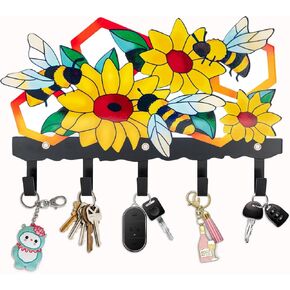 Sunflower Decor Key Holder Wall, Metal Decorative Wall Art Storage Rack with 5 Hooks, Wall Decoration for Bags Clothes Keys Hanging for Entryway Front Door Kitchen Hallway Garage Mudroom Office