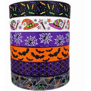 30 Yards (6 X 5 Yards) Halloween Bats Spiders Web Pattern Printed 1 Inch Grosgrain Ribbon