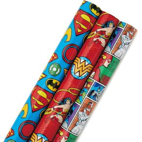 Hallmark Justice League Wrapping Paper Bundle with Cut Lines on Reverse (3 Rolls - 60 sq. ft. ttl) Wonder Woman, Batman, Superman, Flash, Green Lantern in Kuwait