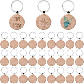 OTYMIOW 30PCS Wooden Keychain Blanks Unfinished Wood Keychain Blanksd Key Ring Key Tag Wood Engraving Blank Wooden Keychains Wood Blanks Key Chain Bulk for DIY Crafts Gift Accessories