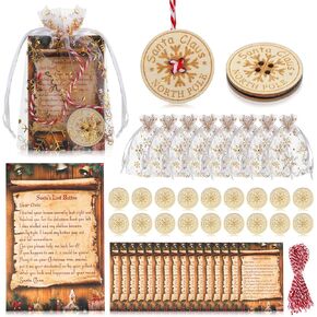 Santa Lost Button with Letter from Santa and Snowflakes Organza Bags Santa Claus Lost Button Ornament North Pole Express Letter for Christmas Morning Xmas Tree Fireplace (75 Pieces)