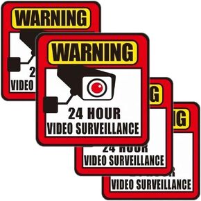 Video Surveillance Sign Sticker- 4 x 4 Inch 24 Hour Security Camera Sign, CCTV Warning Decal for Window/Glass Door Reflective/Self Adhesive/UV Protected & Water & Fade Resistance - 4PACK