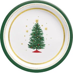 Amscan Classic Christmas Tree Metallic Plates, 7" (8-Pack) - Dazzling & Festive Tableware, Perfect for Unforgettable Holiday Gatherings & Festive Feast