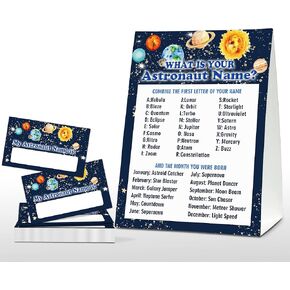 What's Your Astronaut Name Game - Outer Space Birthday Party Games for Boys - Family School Classroom Activity - 1 Standing Sign and 30 Stickers - Kids Space Party Supplies Decorations(12)