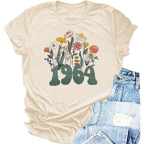 قميص نسائي لأعياد الميلاد 60th تي شيرت عتيق 1964 تي شيرت ستين يوم للحفلات ملابس غير رسمية هدايا عيد ميلاد مطبوع عليها زهور بأكمام قصيرة تي شيرت in Kuwait