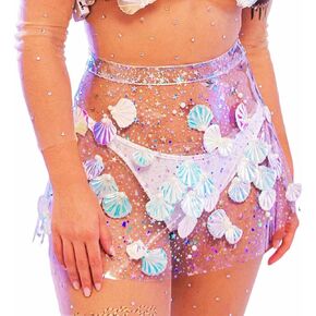 JEWEKY See Through Shell Mini Dance Skirts Sheer Sparkly Pleated Flared Skirt Clubwear Party Skirt for Women