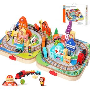 Wooden Building Blocks Set, Electric Train City Construction Stacking Blocks Preschool Learning Educational Toys,Toddler Toys for 3+ Year Old Boy and Girl Gifts
