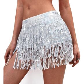 Sequin Tassel Skirt - Belly Dance Hip Skirt Fringe Tassel Hip Scarf Rave Skirts for Women and Girls Halloween Cowgirl Costume (Silver)