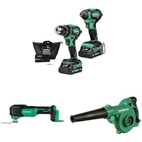 Bundle of Metabo HPT 18V MultiVolt™ Cordless Brushless Driver Drill & Impact Driver Combo Kit, Oscillating Multi-Tool, and Compact Blower