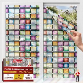 XFasten Stained Glass Window Film 17.7 x 78.7 Inch 3D Prism Mosaic Window Film Stained Glass Window Privacy Film Rainbow Window Cling Sticker