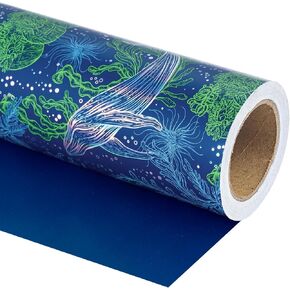 WRAPAHOLIC Reversible Birthday Wrapping Paper - Mini Roll - 17 Inch X 33 Feet - Adorable Dogs with Metallic Foil Shine and Solid Blue for Birthday, Party, Baby Shower in Kuwait