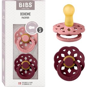 BIBS Pacifiers 6-18 Months | Boheme Collection 2-Pack | BPA-Free Round Nipple | Made in Denmark | Dusty Pink/Elderberry Color Pacifier