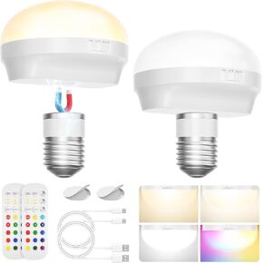 2 Packs E26 Rechargeable Light Bulbs, Magnetically 450LM/3-Color Temperature/RGB/60W Equivalent, Battery Operated Light Bulb with Remote Control/Timer/Dimmer/Detachable for Non-Hardwired