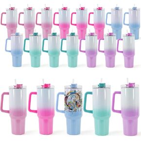 FECBK 40 oz Sublimation Tumbler with Handle 2 Pack Sublimation Tumblers Blanks with Straw and Lid Stainless Steel Insulated Travel Mug Cups for Keep Hot/Cold Hours, DIY Gift(Macaron-Blue)